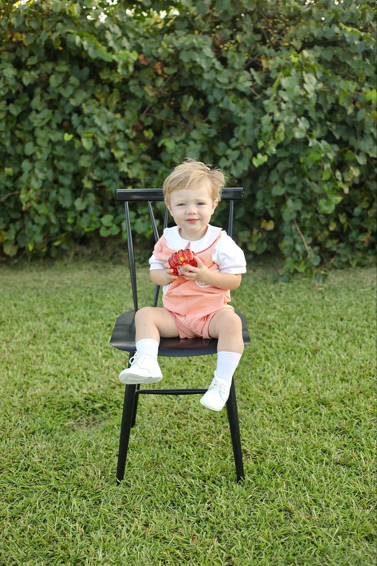 Proper Pumpkins Orange Gingham Shortall and Shirt Set with Pumpkin Embroidered Tabs