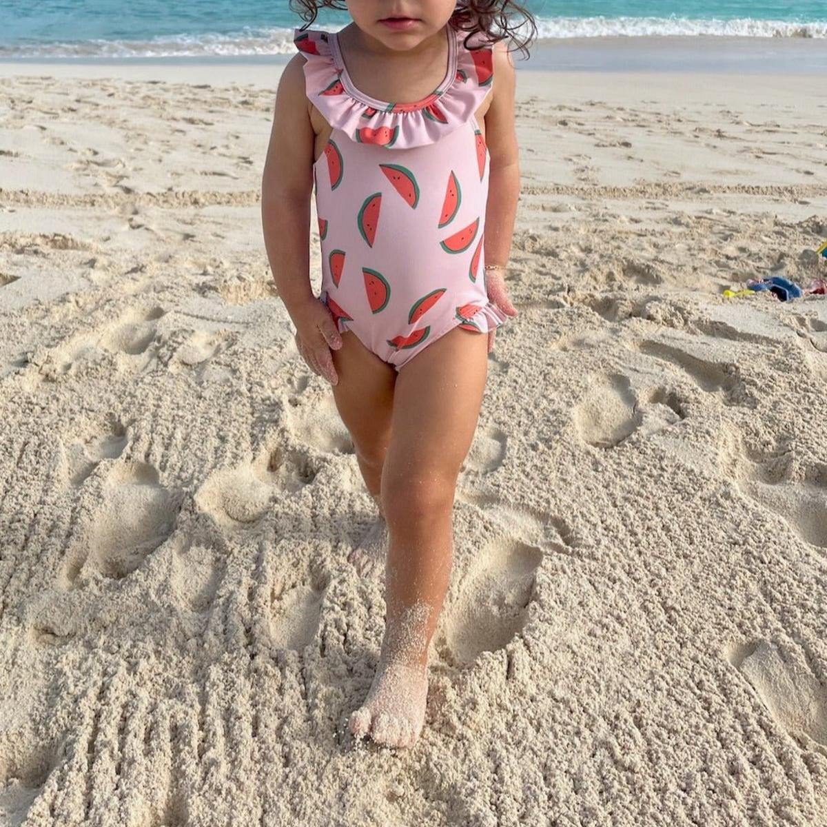 Recycled Polyester Watermelon Slices Ruffle Baby Swimsuit - Sepia Rose/multi