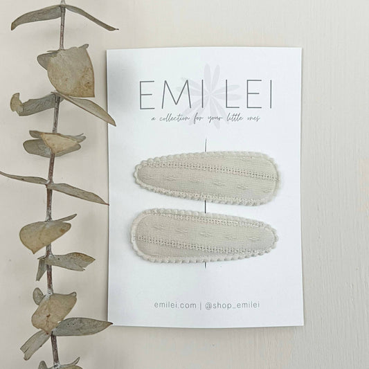 (#9) Fabric Hair Clip Snap Barrettes (2) - Smokey White