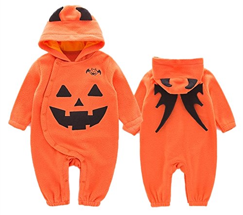 Halloween Unisex Orange Fleece Pumpkin Hooded Long Sleeve Romper