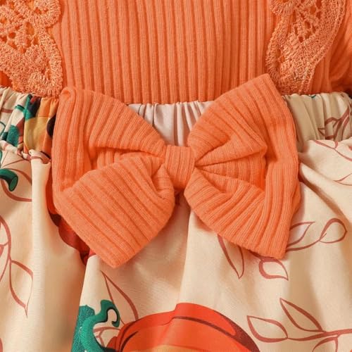 Infant Baby Girl Orange Pumpkin Long Sleeve Lace Romper Dress & Bow Headband 2pcs Halloween Clothing Set
