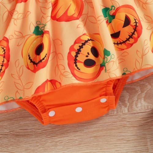 Infant Baby Girl Orange Pumpkin Long Sleeve Lace Romper Dress & Bow Headband 2pcs Halloween Clothing Set