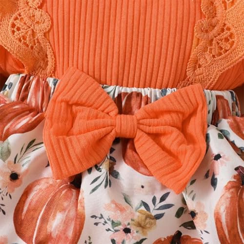 Infant Baby Girl Orange Fall Pumpkin Long Sleeve Lace Romper Dress & Bow Headband 2pcs Autumn Harvest Outfit