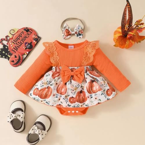 Infant Baby Girl Orange Fall Pumpkin Long Sleeve Lace Romper Dress & Bow Headband 2pcs Autumn Harvest Outfit