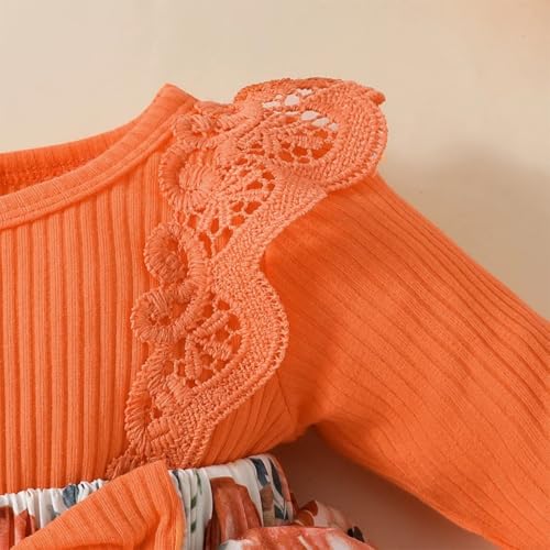 Infant Baby Girl Orange Fall Pumpkin Long Sleeve Lace Romper Dress & Bow Headband 2pcs Autumn Harvest Outfit