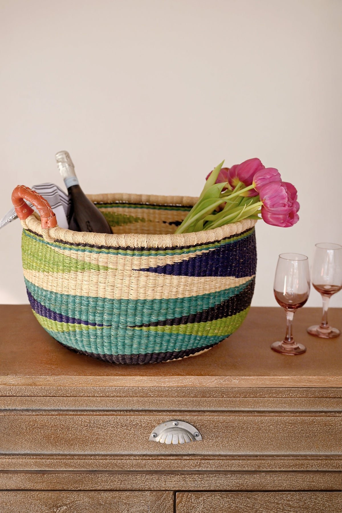 Shades of Blue Triangle Design Bolga Basket with Leather Handles