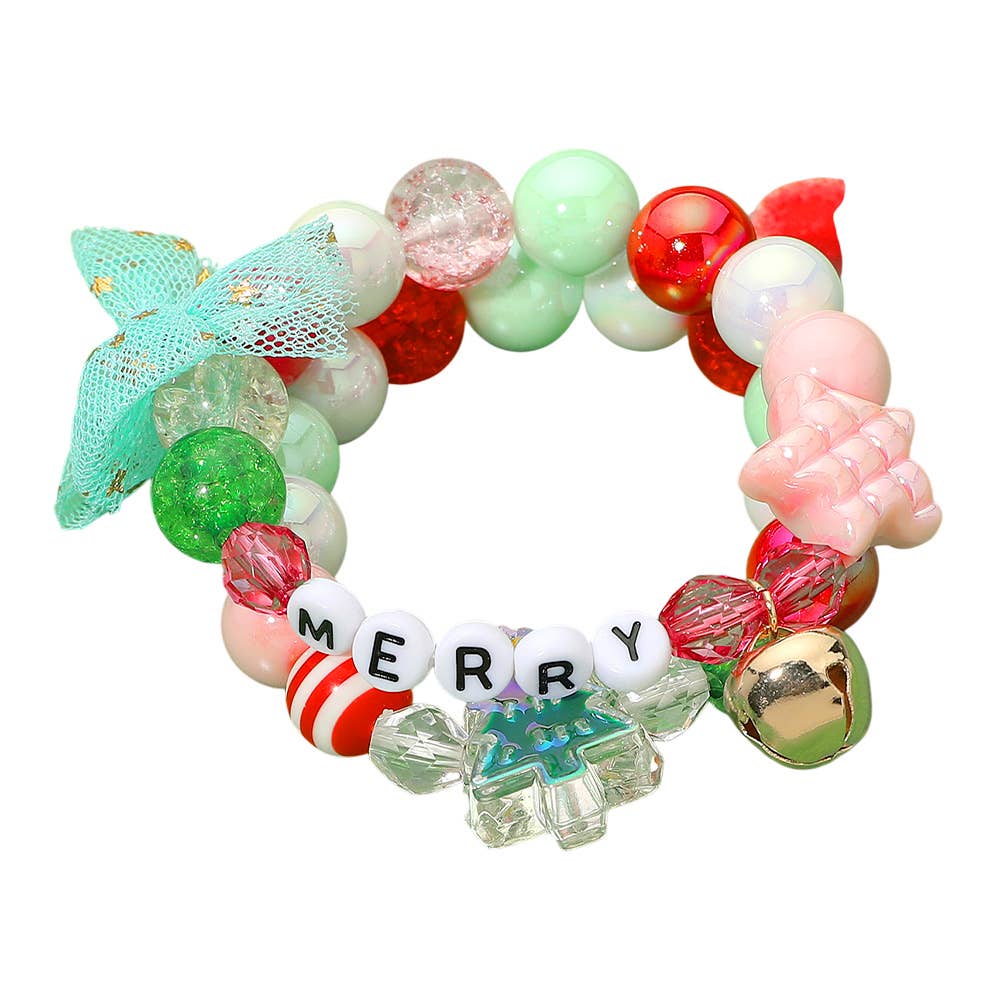 MERRY Star Christmas Tree Bow Beaded Stretch Multi Layered Bracelets