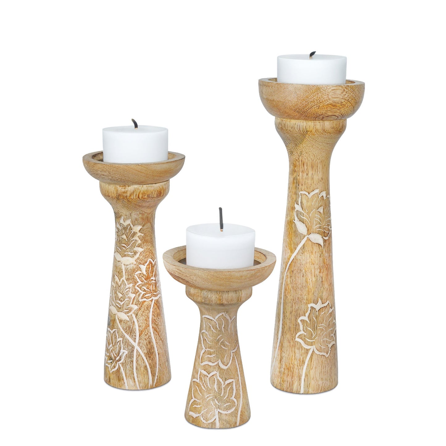 Floral Vine Mango Wood Pillar Candleholders – Rustic White Set of 3