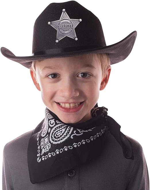 Jr Black Cowboy Hat with Bandana and Attached Badge Kids Child Hat