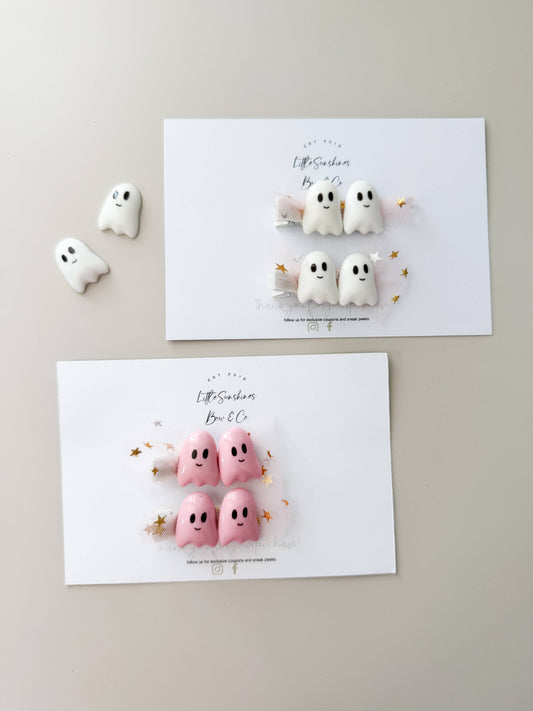 Pink & White Ghost Halloween Hair Clips- Set of 2