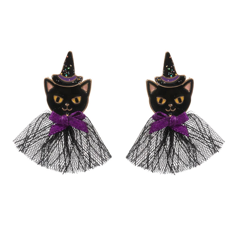 Halloween Black Cat With Bow Earrings