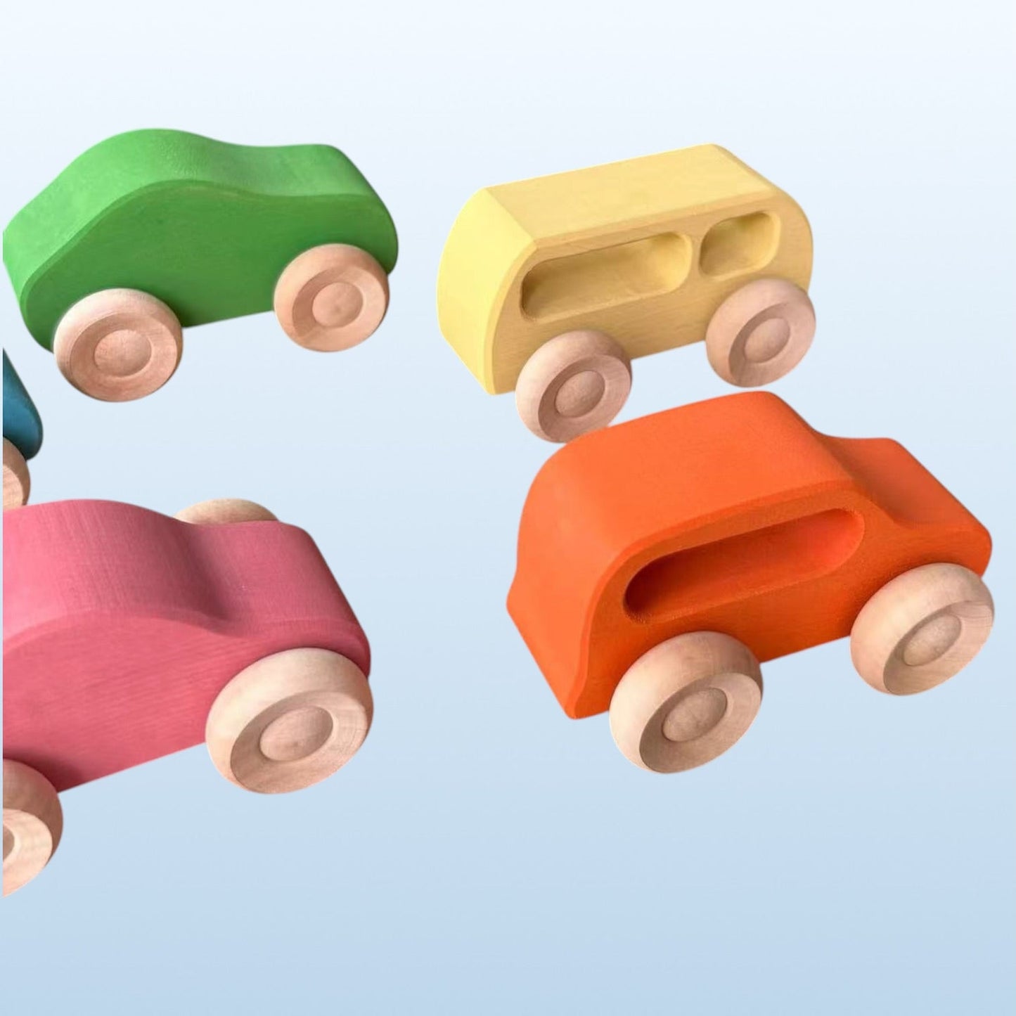 7 Pcs Colored Wooden Rainbow Cars Set with 3 Peg Dolls