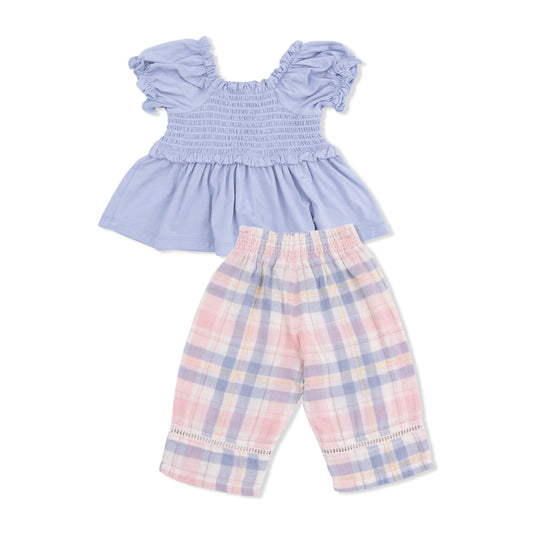 Dusty Plaid - Smocked Blouse and Pant Set