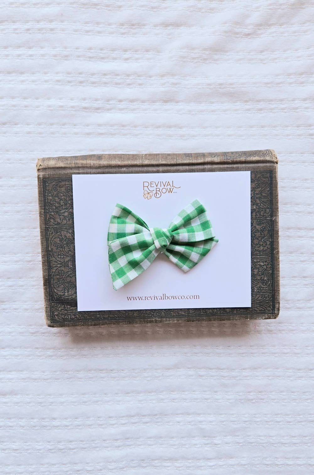 Small Pinwheel Bow headband• Vintage Green Gingham