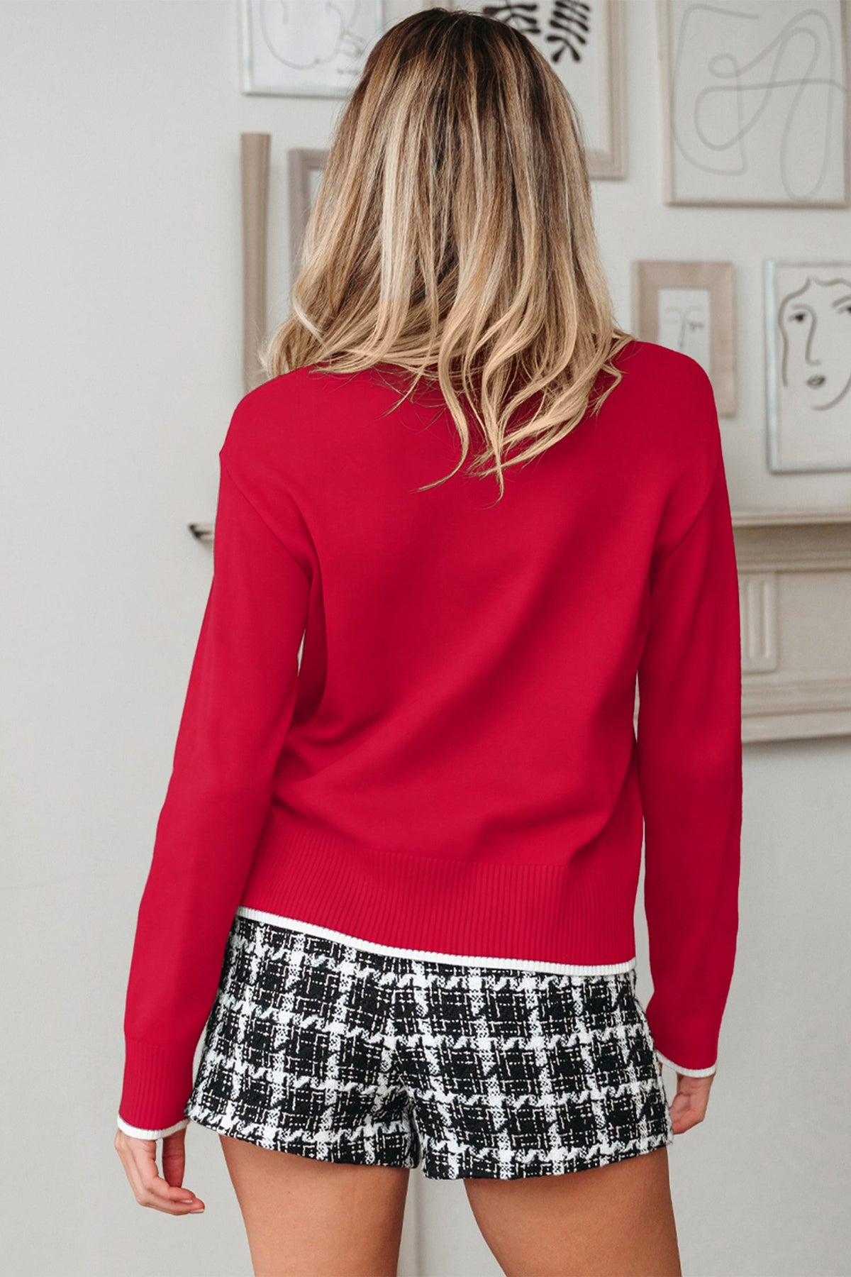Bow Tie Contrast Trim Cropped Sweater