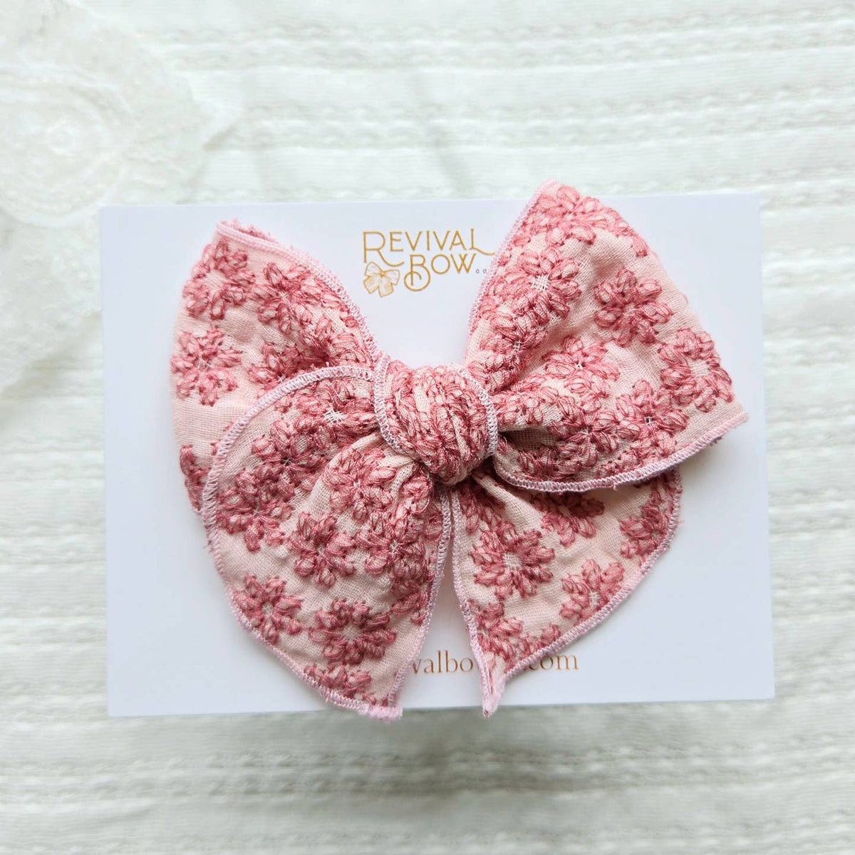 Fable Bow on Clip • Embroidered Pink Floral • Summer Bow