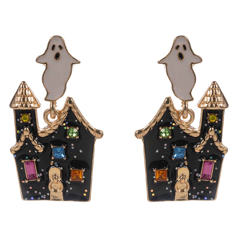 Glittered Haunted Ghost House Dangle Earrings