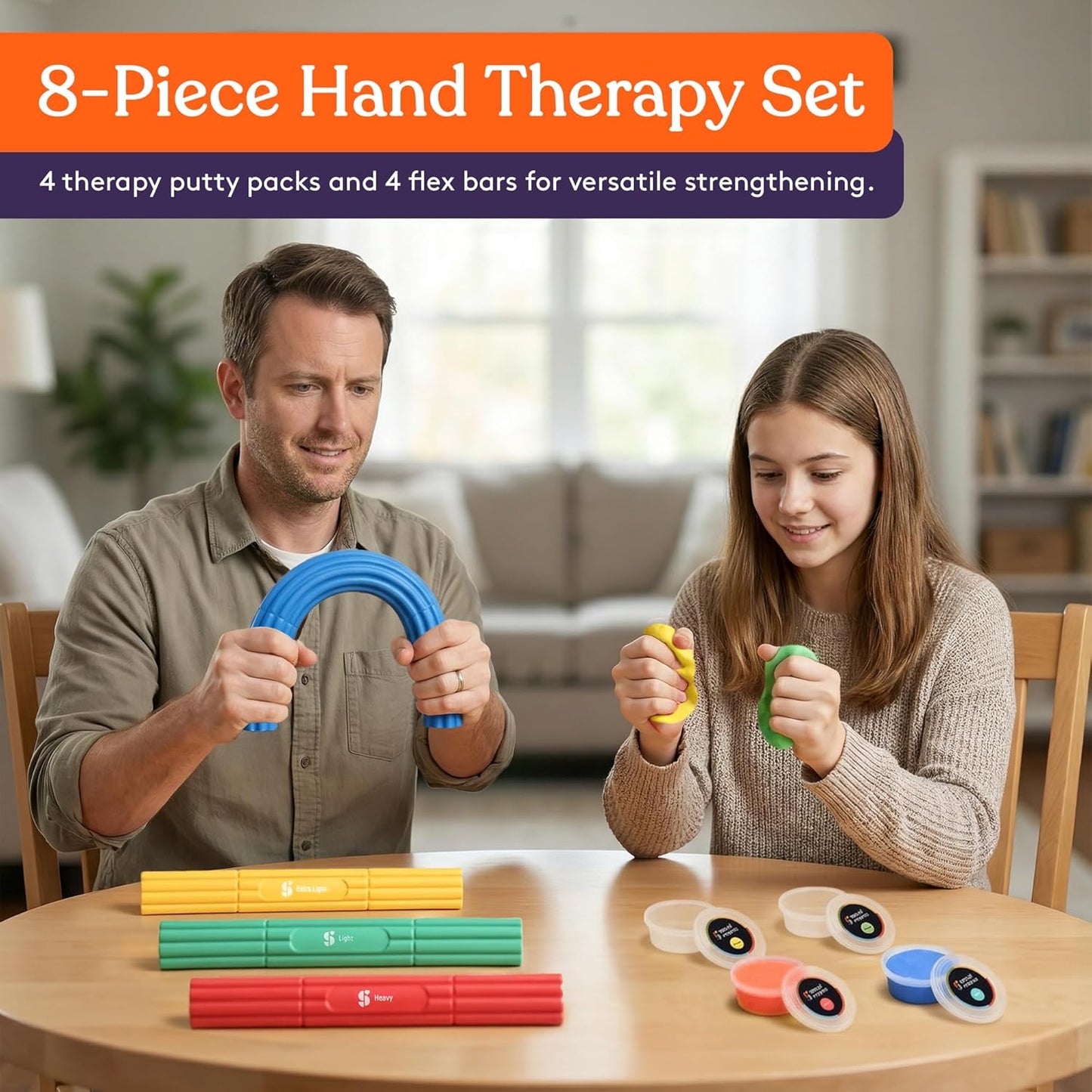 Special Supplies Physical Hand Therapy Putty & Flex Therapy Bar Resistive Hand Exercise Kit – Improve Grip, Strength, Dexterity & Mobility – Injury & Stress Relief – 8 Piece Set
