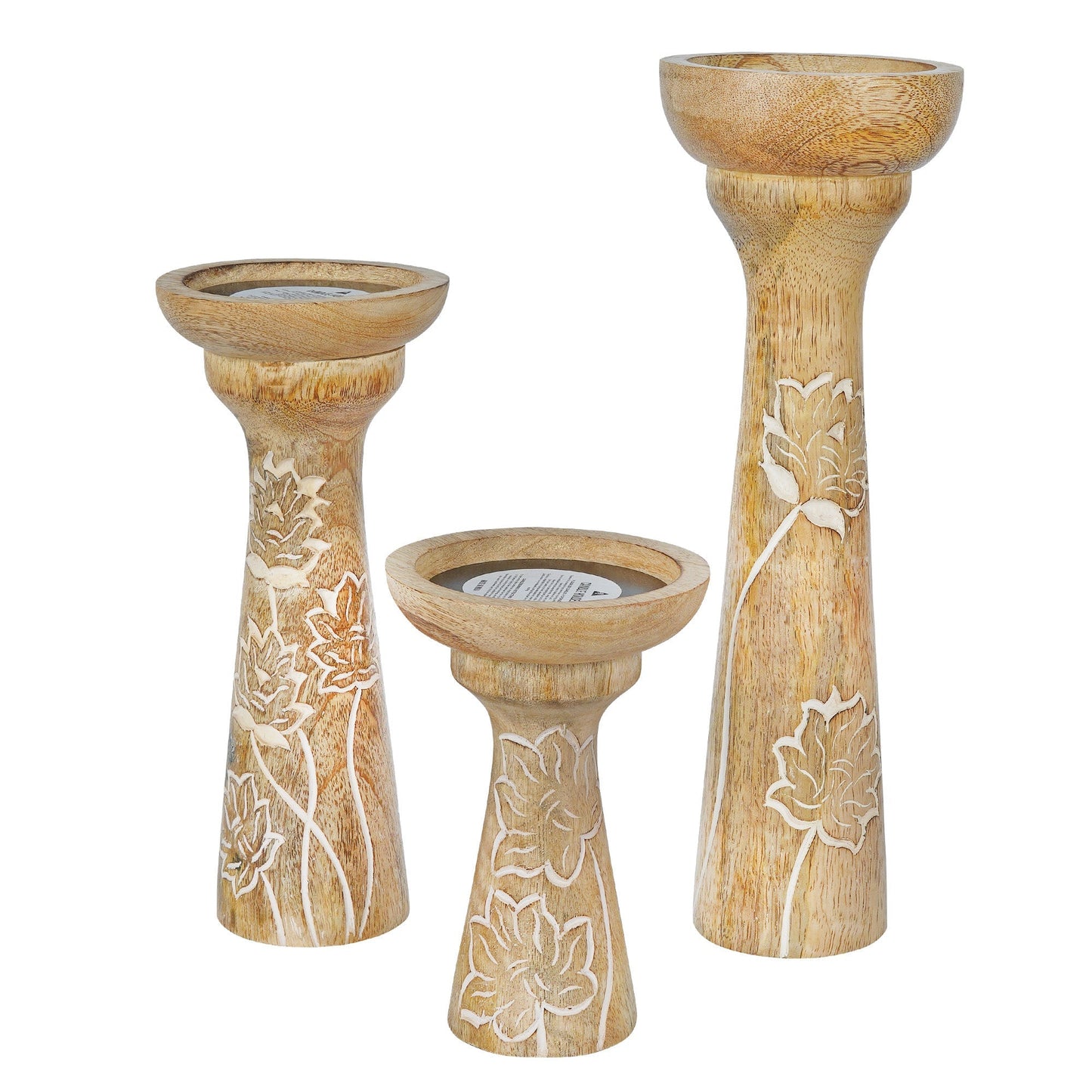 Floral Vine Mango Wood Pillar Candleholders – Rustic White Set of 3