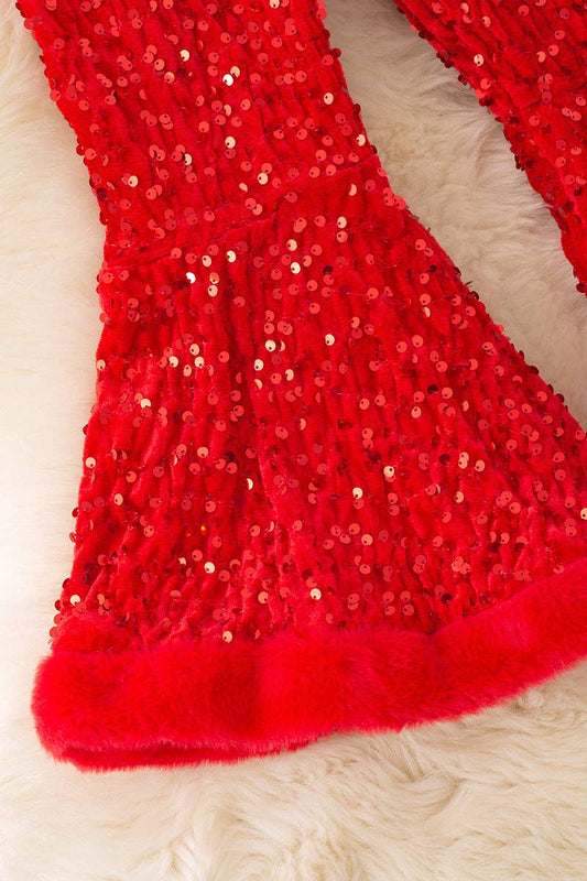 Red sequins bell bottoms with faux fur trim