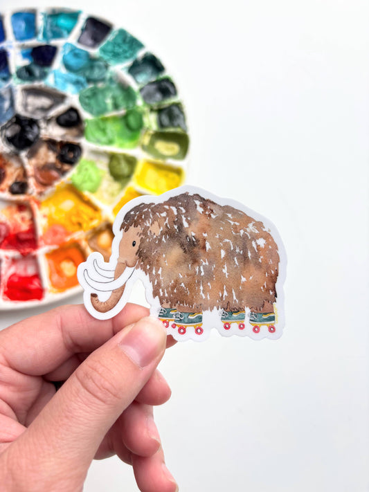 Mammoth Rollerskating Watercolor Vinyl Sticker - Prehistoric