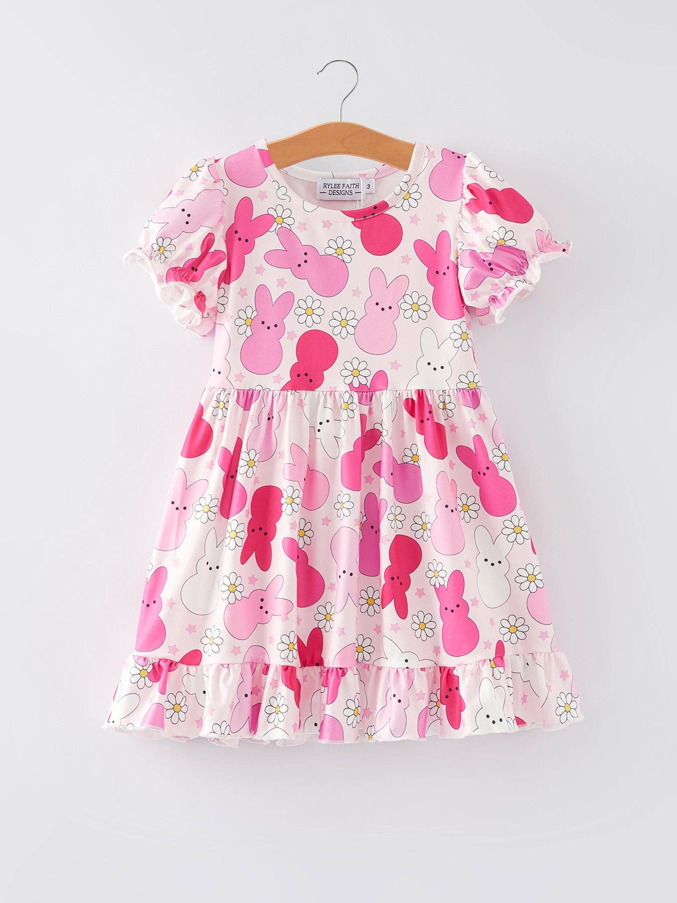 Pink Easter Rabbit Ruffles Puff Sleeves Dress