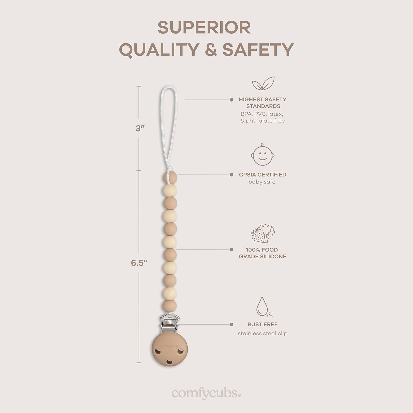Pacifier Clips in Beige, Light Beige, & White, 2 Pack