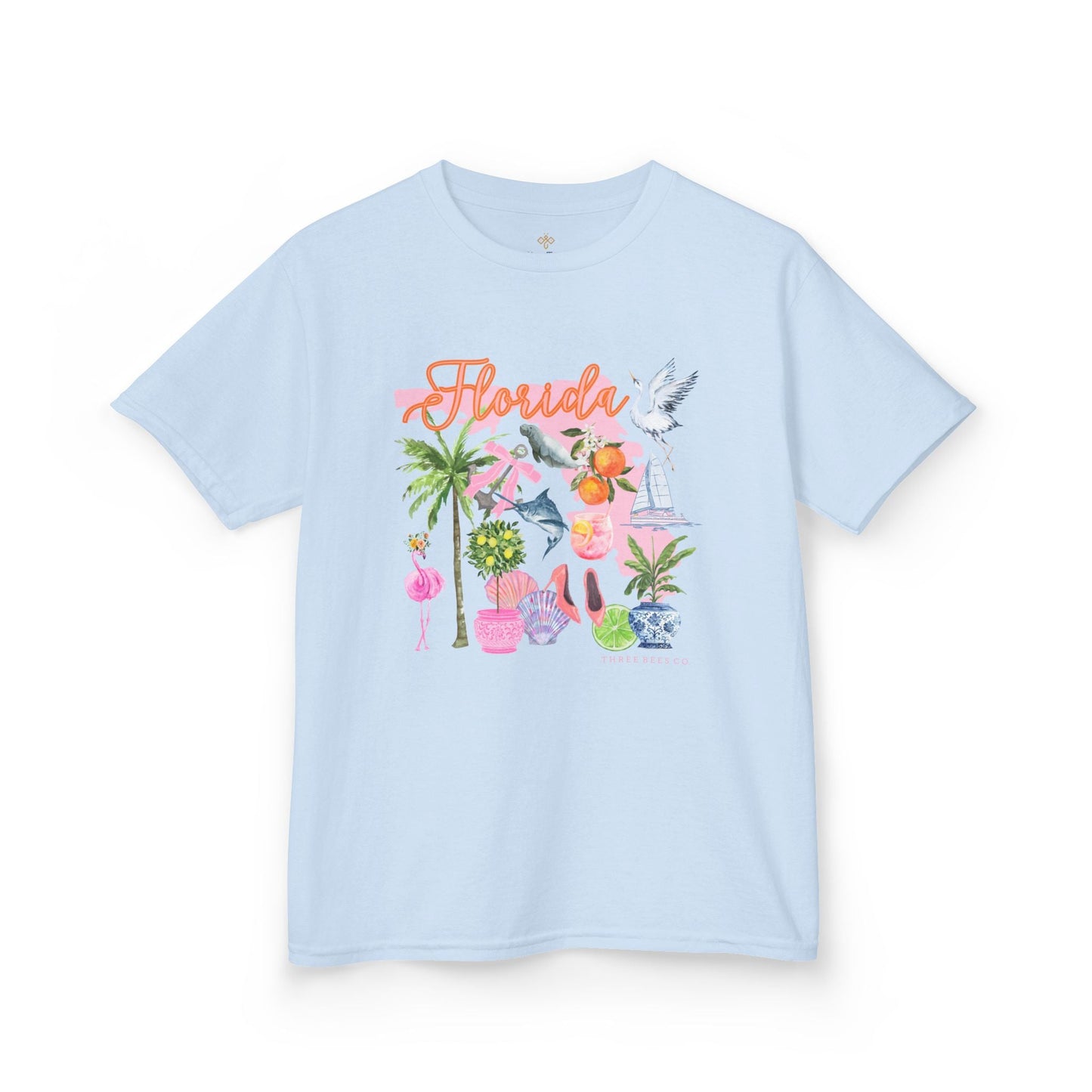Bee Sunny Florida Floral Girls Short Sleeve Heavy Cotton Gildan Youth Hive Tee