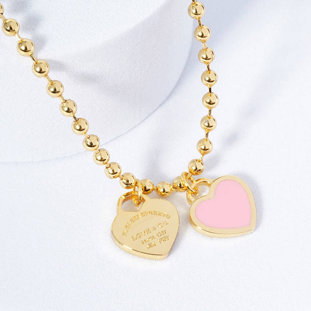 Gold Dipped Double Heart Pendant Bubble Chain Necklace