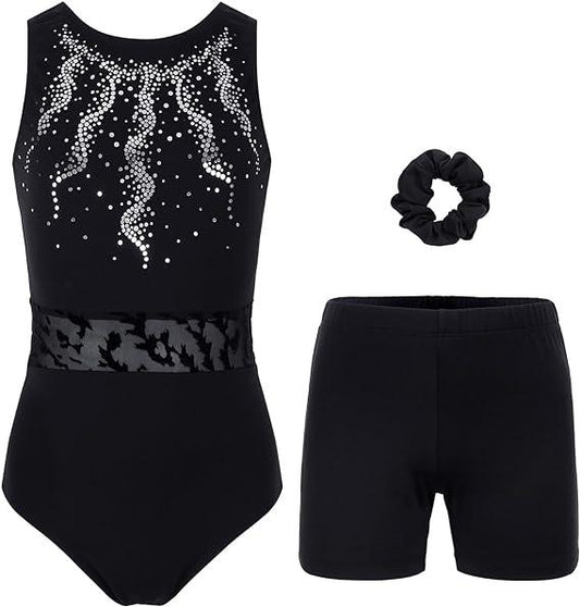 Midnight Sparkling Wave Gymnastics Leotard for Girls, Adult, Child With Shorts