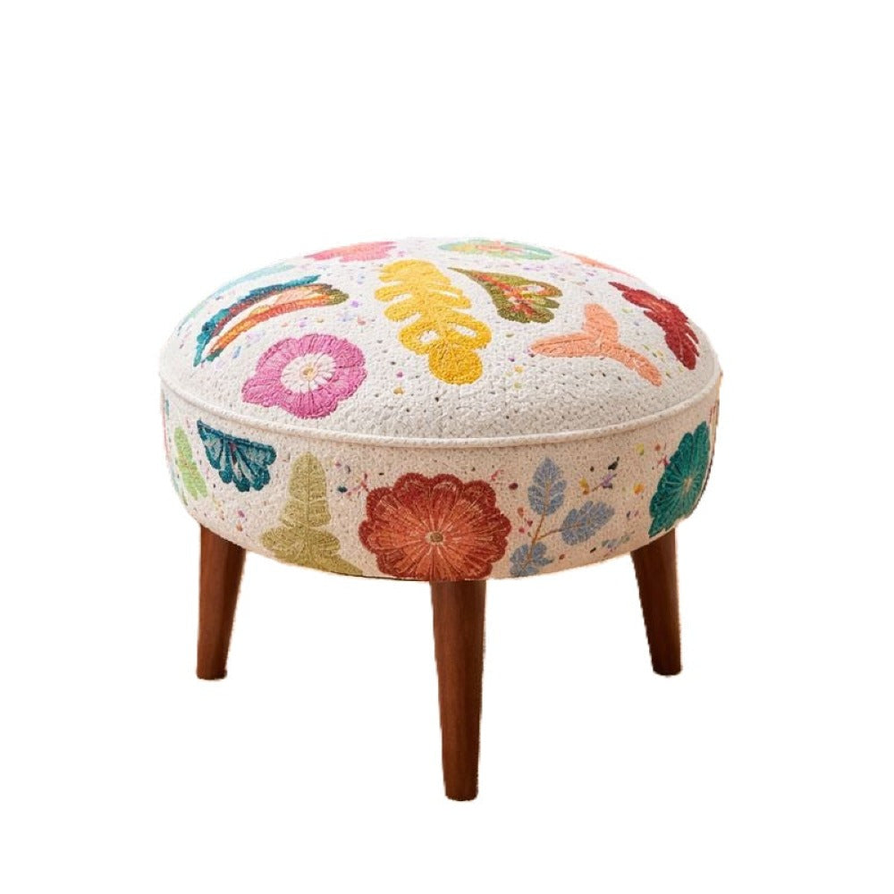 Suzani Patterned Accent Stool | 20x18" | White Cotton Fabric