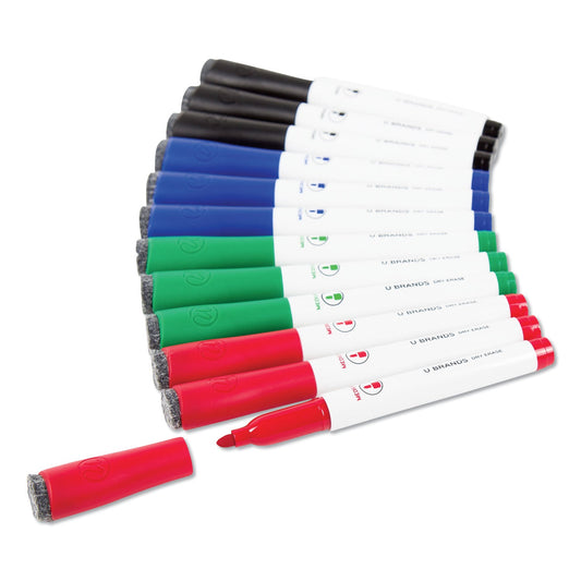 U Brands Medium Point Low-Odor Dry-Erase Markers with Erasers, Medium Bullet Tip, Assorted Colors, 12/Pack