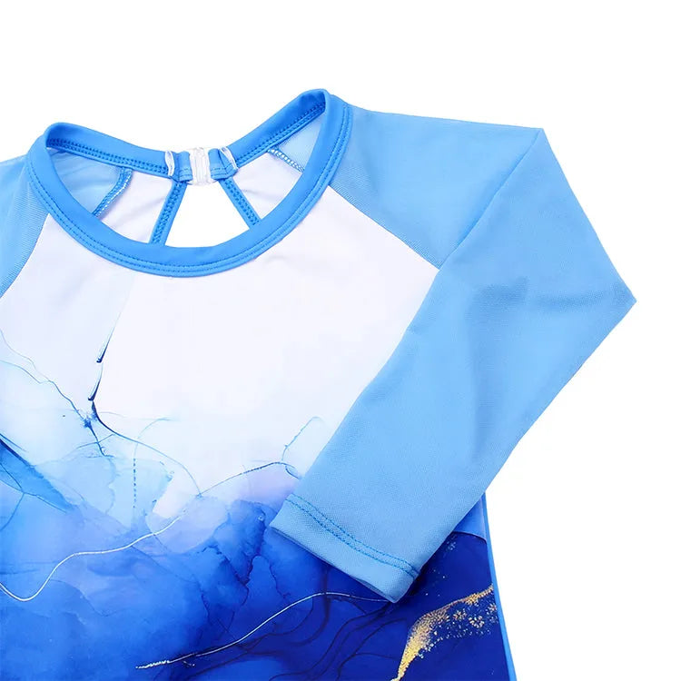 Blue Gradient Marble 3/4 Mesh Sleeve Mesh Gymnastics Leotard Set for Girls