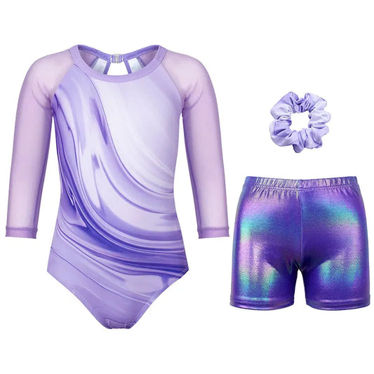 Lavender Marble Swirl 3/4 Mesh Sleeve Gymnastics Leotard Set for Girls