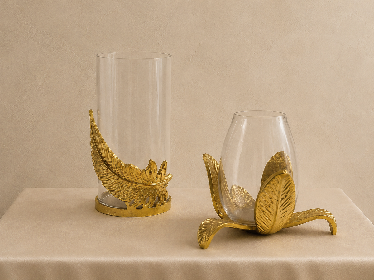 Raíz Studio Fleather Glow Candle Holder – Hand-Cast Gold Metal & Glass Votive Holder