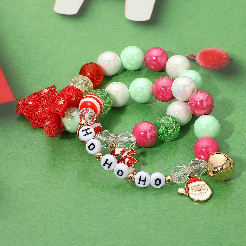 HO HO HO Candy Cane Santa Charm Bow Beaded Stretch Multi Layered Bracelets