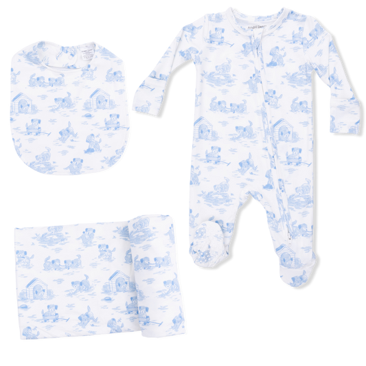 Puppy Toile Blue -  2 Way Zipper Footie, Swaddle  & Bandana Bib Set