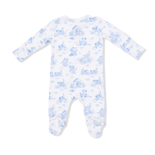 Puppy Toile Blue -  2 Way Zipper Footie, Swaddle  & Bandana Bib Set