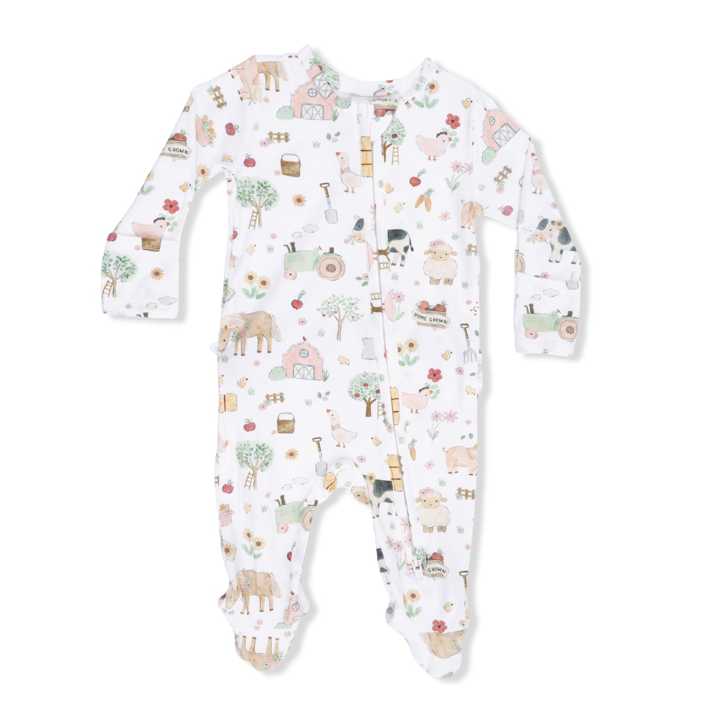 Cute Farm Animals Pink - 2 Way Ruffle Back Zipper Footie