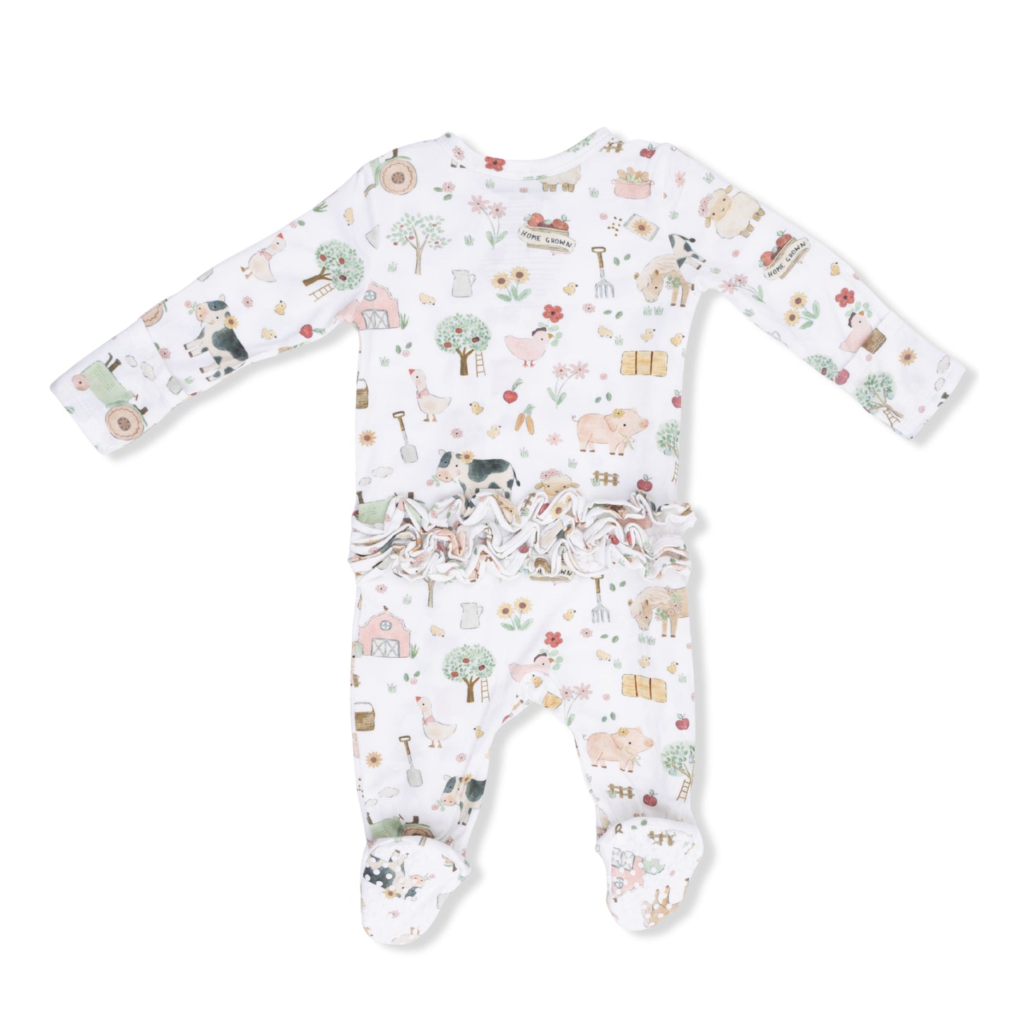 Cute Farm Animals Pink - 2 Way Ruffle Back Zipper Footie