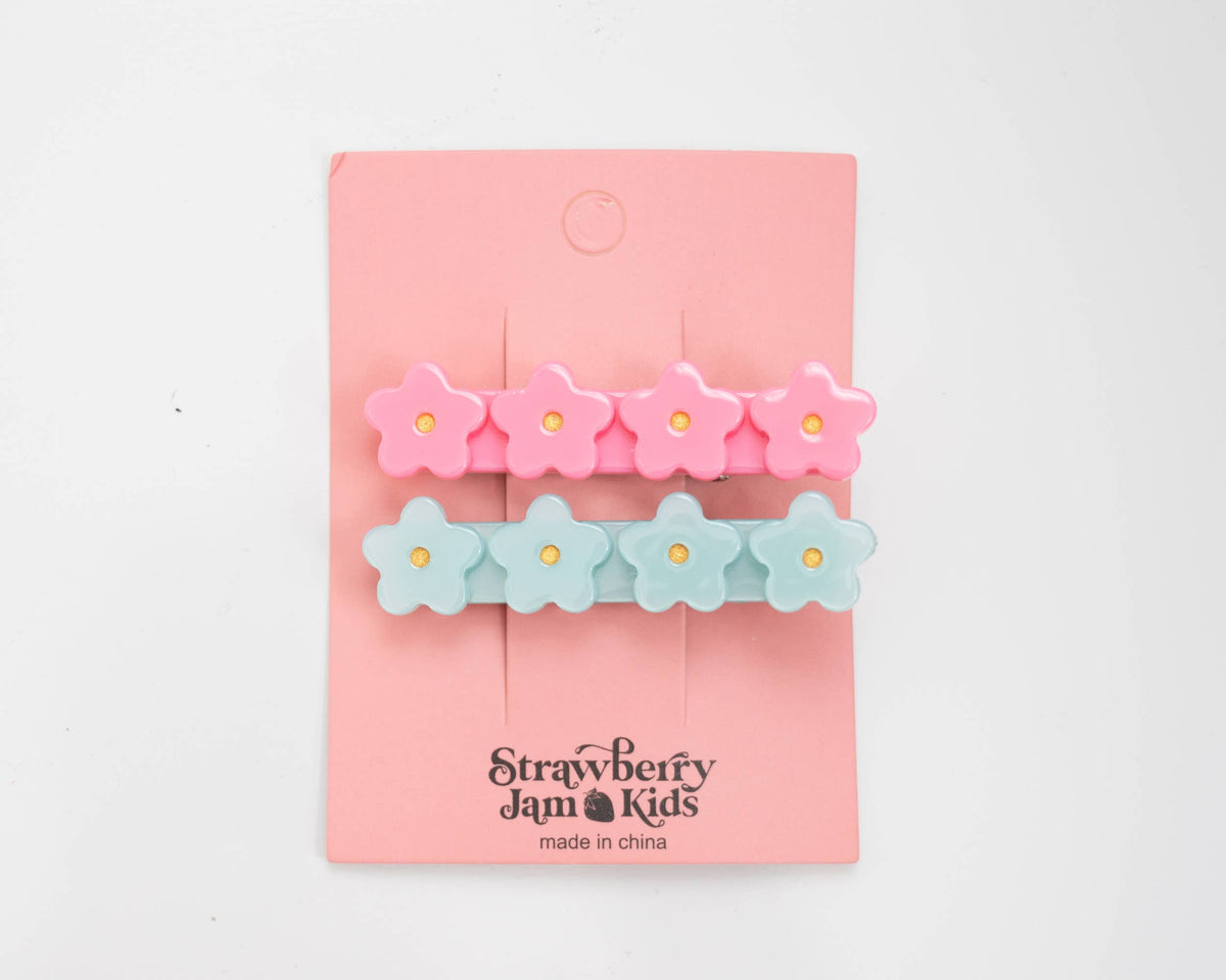 Pink and Teal Flower Hair Clip Set