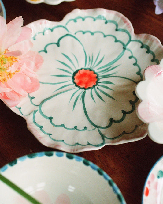 Ceramic Flower Shaped Side Plate with Pink Border