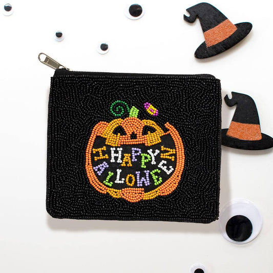 Happy Halloween Pumpkin Seed Beaded Halloween Pouch Bag