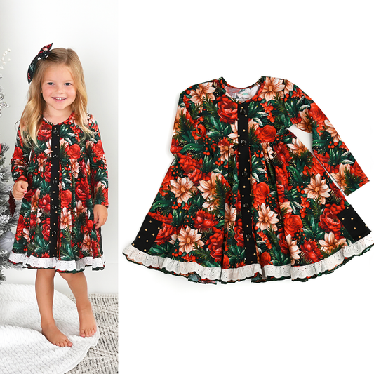 Floral Button Dress w/Lace