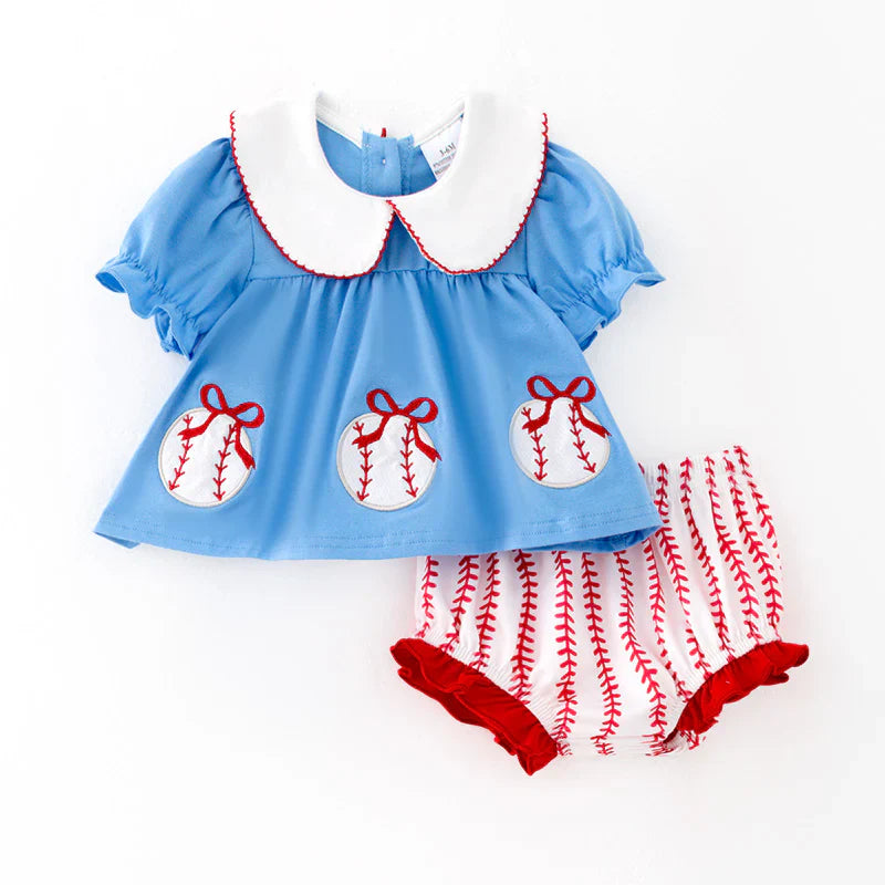 Baby Girls Summer Baseball Embroidered Romper Set