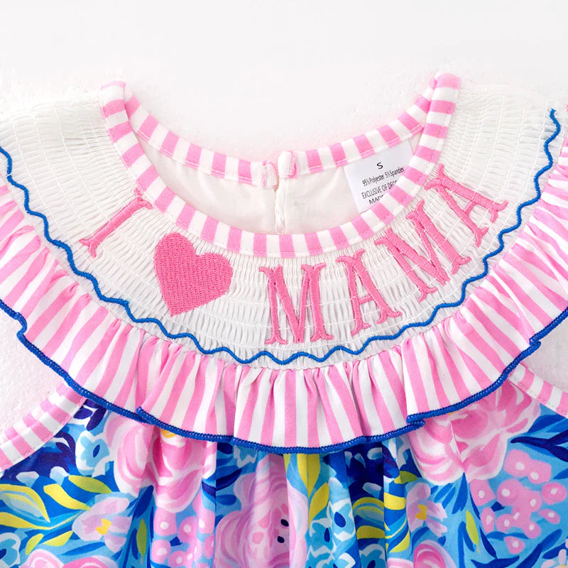 Girls Summer “I LOVE MAMA” Smocking Embroidered Dress