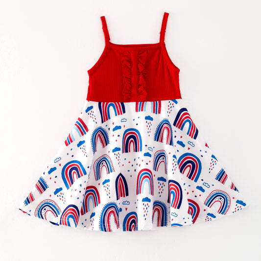 Girls 4th Of July Red Top Rainbow Independence Print Dress