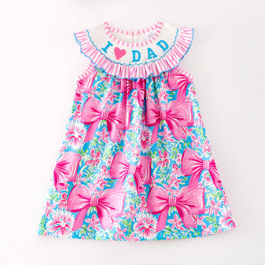 Summer Girls "I LOVE DAD" Smocked Embroidered Pink Bow Dress