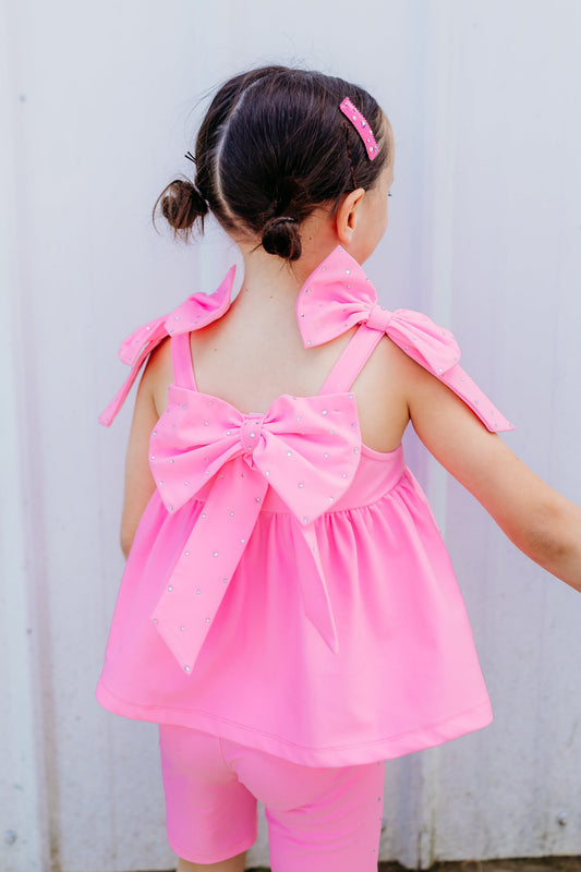Bubblegum Pink Bow Two-Piece Gem Stamped Athletic Set