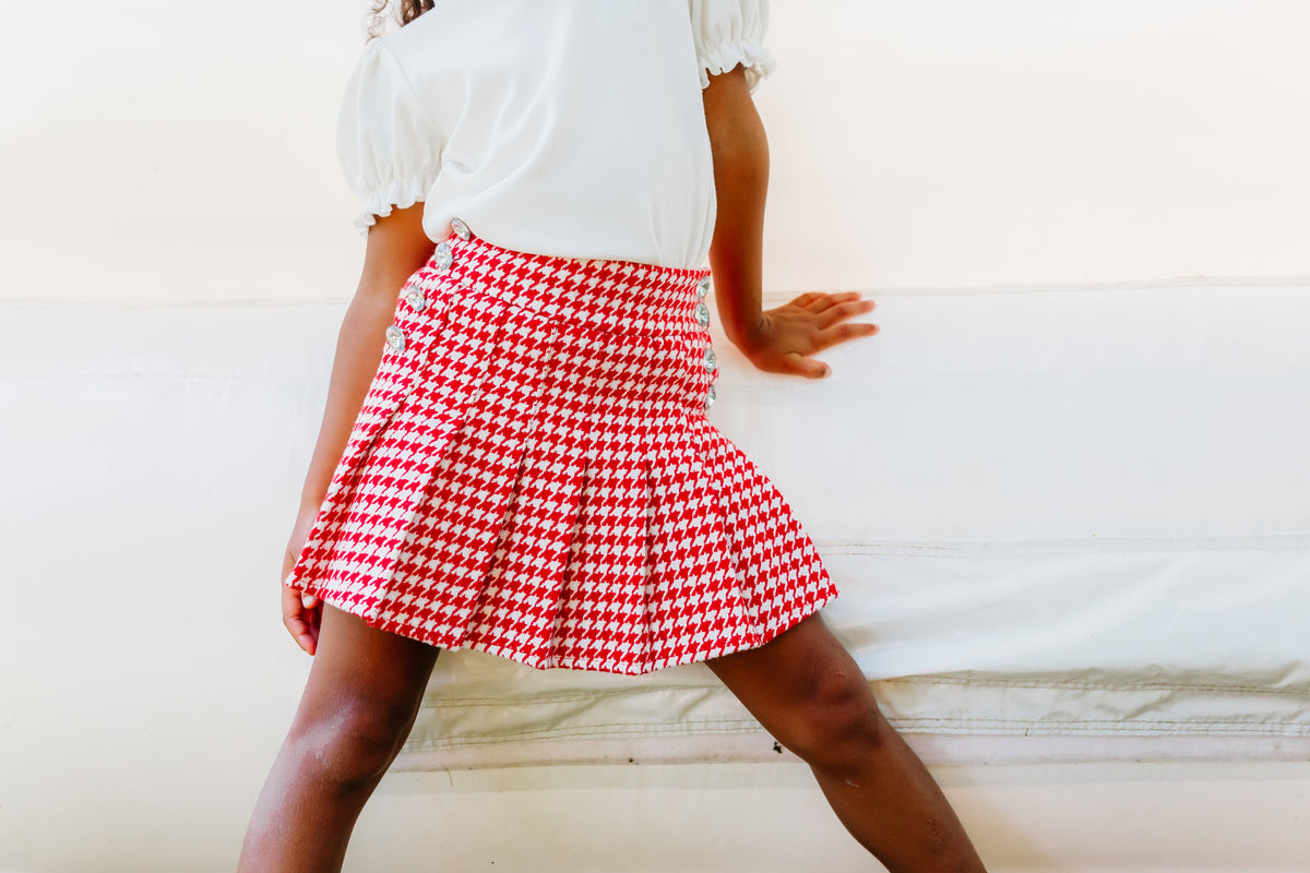 Red Houndstooth Gem Button Pleat Skirt - preorder